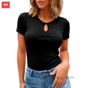 Short Sleeve Crewneck Keyhole Twist Slim Fit Stretch Tee Women's Top